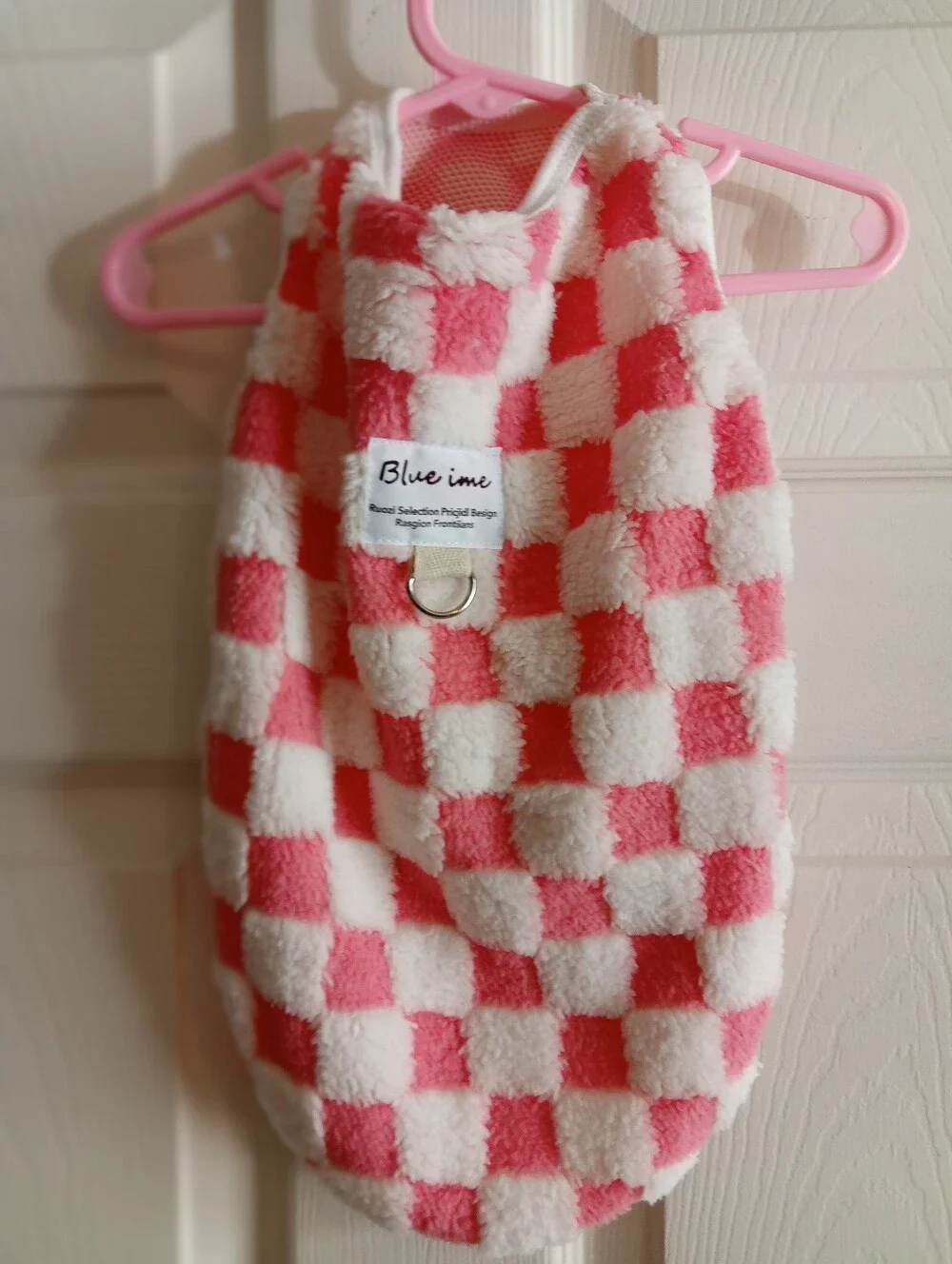 Blueime Pink & White Check Plush Pet Harness Vest